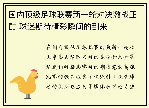 国内顶级足球联赛新一轮对决激战正酣 球迷期待精彩瞬间的到来
