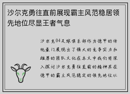 沙尔克勇往直前展现霸主风范稳居领先地位尽显王者气息