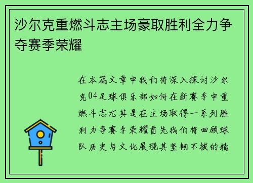 沙尔克重燃斗志主场豪取胜利全力争夺赛季荣耀