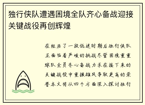 独行侠队遭遇困境全队齐心备战迎接关键战役再创辉煌