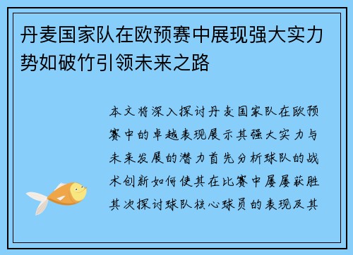 丹麦国家队在欧预赛中展现强大实力势如破竹引领未来之路