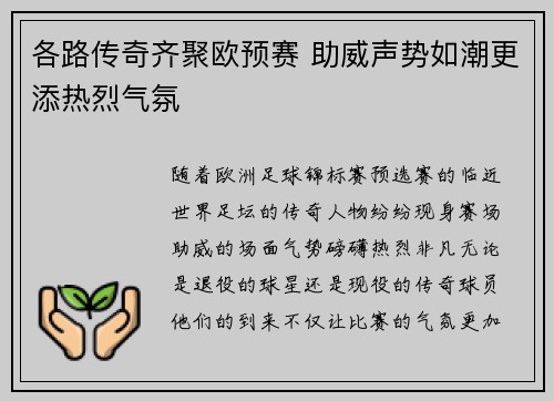 各路传奇齐聚欧预赛 助威声势如潮更添热烈气氛