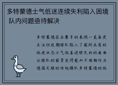 多特蒙德士气低迷连续失利陷入困境 队内问题亟待解决