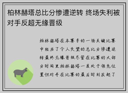 柏林赫塔总比分惨遭逆转 终场失利被对手反超无缘晋级