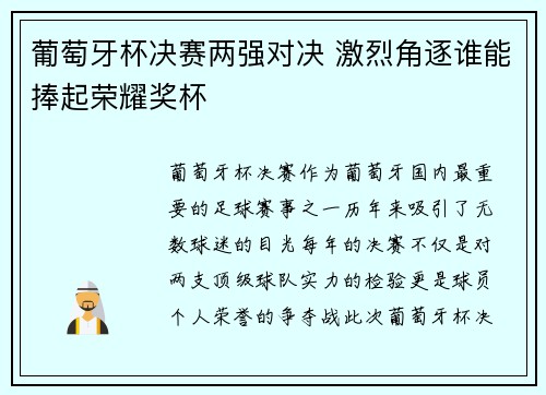 葡萄牙杯决赛两强对决 激烈角逐谁能捧起荣耀奖杯