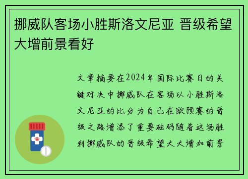 挪威队客场小胜斯洛文尼亚 晋级希望大增前景看好