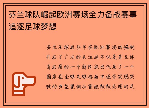 芬兰球队崛起欧洲赛场全力备战赛事追逐足球梦想