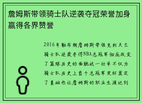 詹姆斯带领骑士队逆袭夺冠荣誉加身赢得各界赞誉