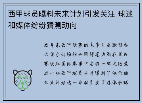 西甲球员曝料未来计划引发关注 球迷和媒体纷纷猜测动向