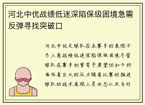 河北中优战绩低迷深陷保级困境急需反弹寻找突破口