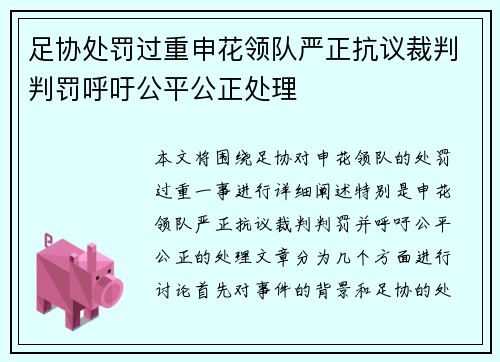 足协处罚过重申花领队严正抗议裁判判罚呼吁公平公正处理