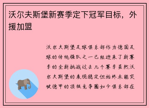沃尔夫斯堡新赛季定下冠军目标，外援加盟