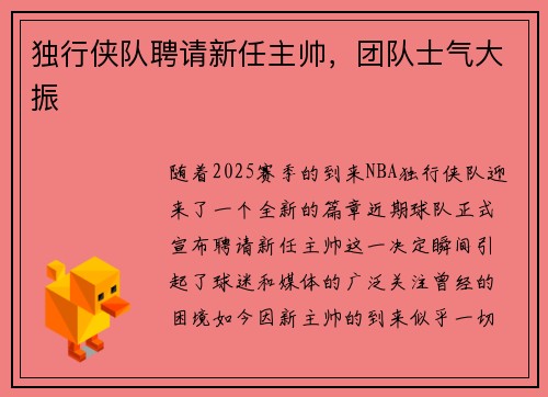 独行侠队聘请新任主帅，团队士气大振