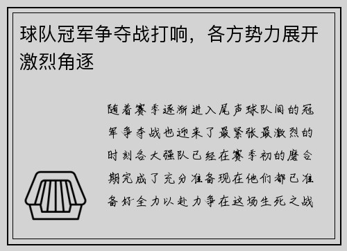 球队冠军争夺战打响，各方势力展开激烈角逐