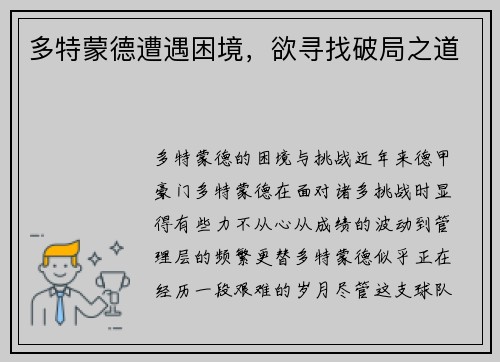 多特蒙德遭遇困境，欲寻找破局之道