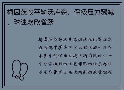 梅因茨战平勒沃库森，保级压力骤减，球迷欢欣雀跃