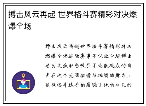 搏击风云再起 世界格斗赛精彩对决燃爆全场