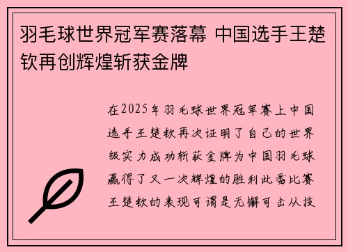 羽毛球世界冠军赛落幕 中国选手王楚钦再创辉煌斩获金牌