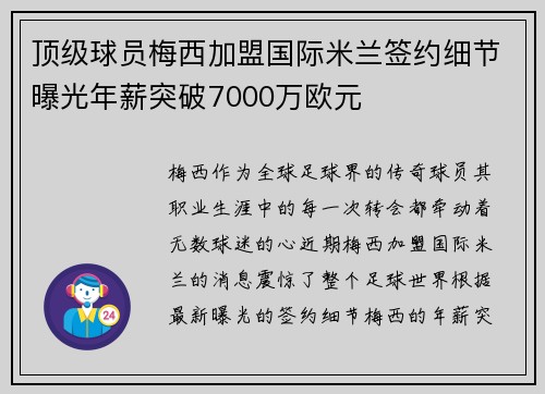 顶级球员梅西加盟国际米兰签约细节曝光年薪突破7000万欧元